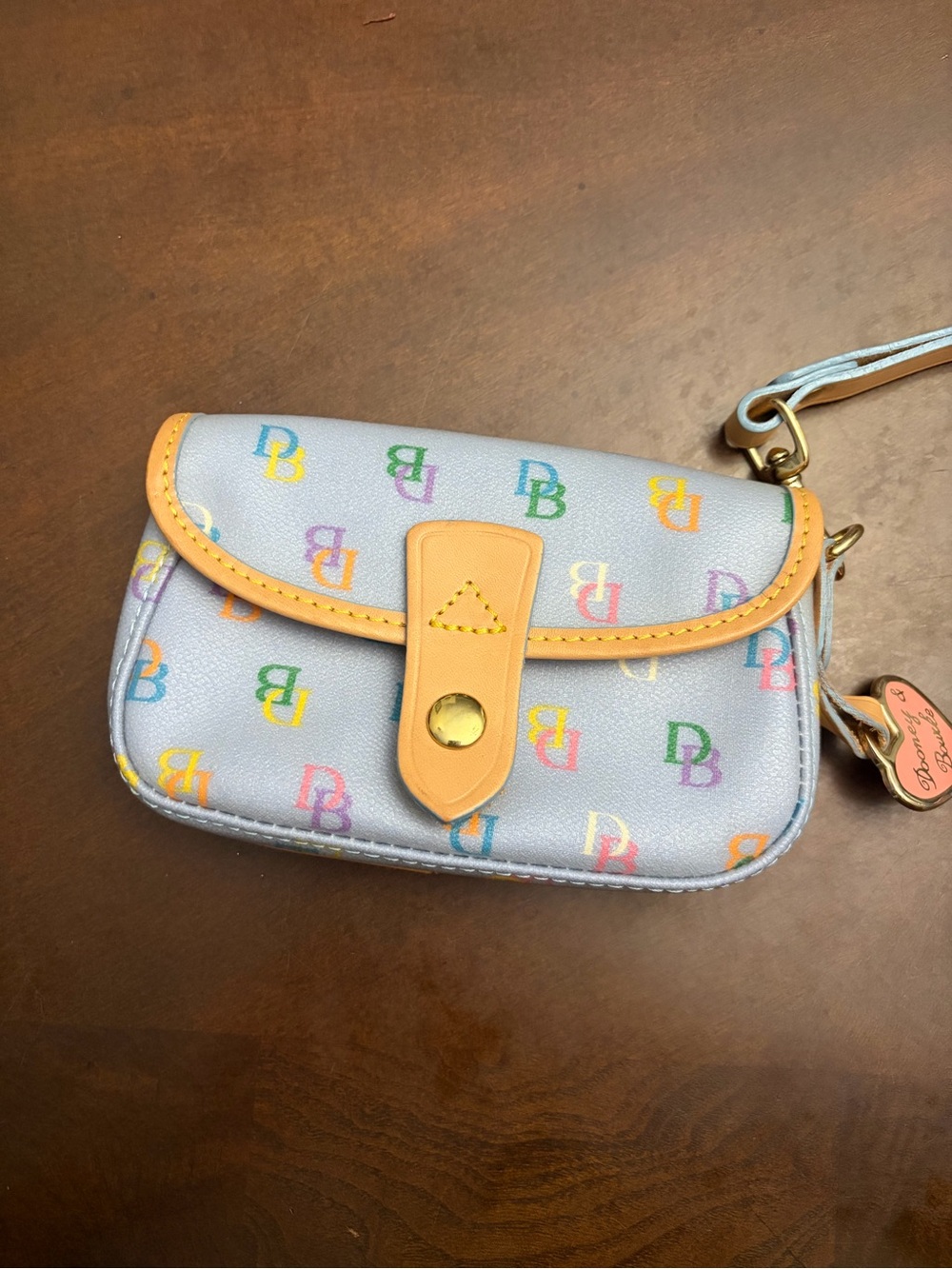 Vintage Blue Dooney and Bourke Leather Wristlet with Heart Keychain